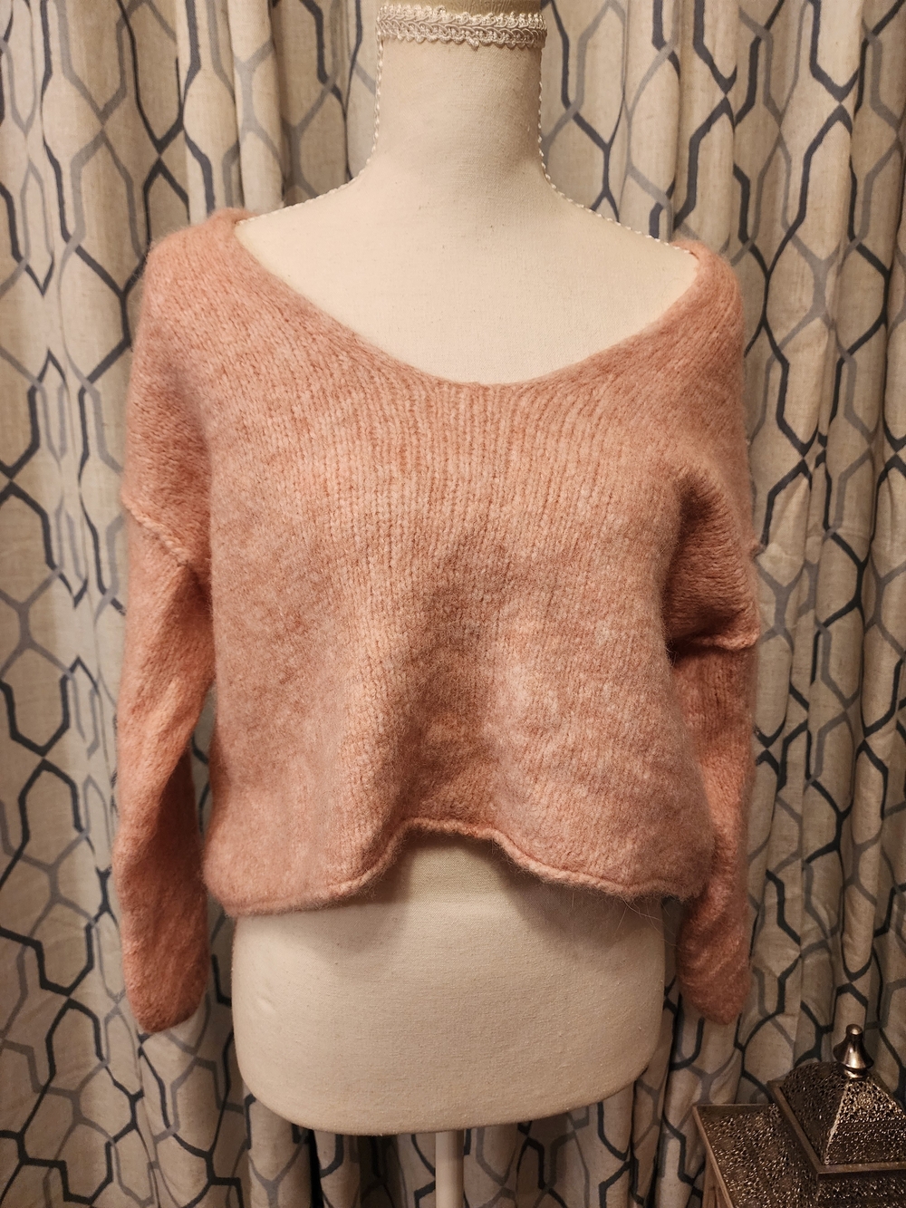 Free People Cuddle Up Alpaca Wool Blend V-Neck Cropped Pullover Sweater M Pink - Picture 6 of 8